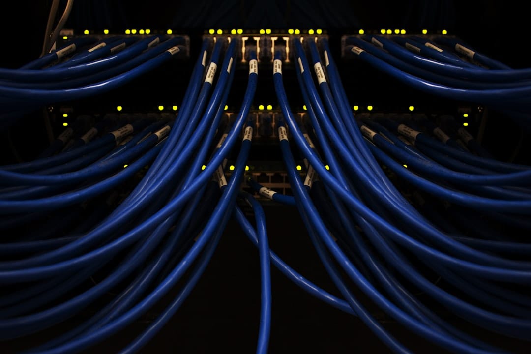 Networking equipment in a data center rack.